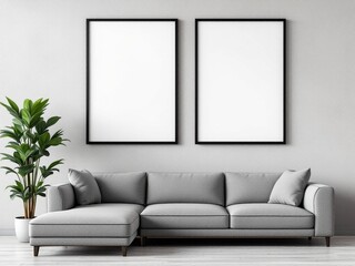 Mockup : A stylish interior featuring a light gray sectional sofa, twin blank wall frames, and a vibrant potted plant on a wooden floor.