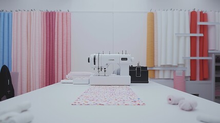 Sewing workspace with vibrant fabrics and a modern machine. Creative design and textile trends.
