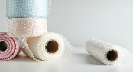 Rolls of bubble wrap in various colors used for packing and cushioning fragile items