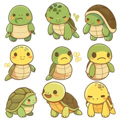 Cute cartoon turtle stickers, various poses, white background, digital art, kids' crafts
