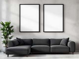 Mockup : A sleek, dark gray sectional sofa in a minimalist living room, with two blank framed posters and a tall green plant beside it.
