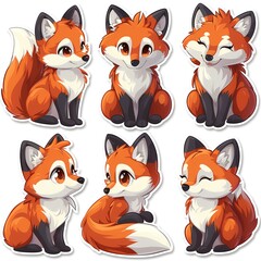 Obraz premium Six Adorable Cartoon Foxes Sitting, White Background, Children's Book Illustration