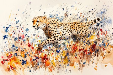 A vibrant watercolor painting of a running cheetah amidst colorful floral splashes, capturing the grace and speed of this magnificent wild animal.