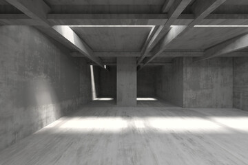 Minimalist industrial concrete interior with sunlight and shadows. 3d render.