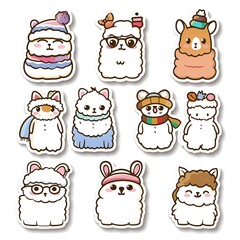 Fototapeta premium Cute Alpaca Stickers Winter Fashion Design Background