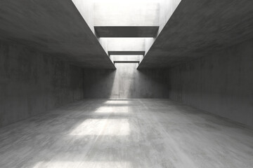 Modern minimalist concrete architecture with sunlit geometric patterns. 3d render