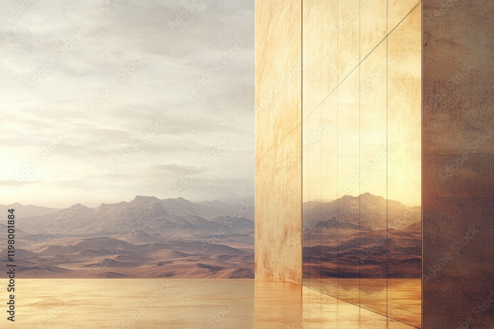 Poster a minimalistic architectural rendering showcasing a desert landscape reflected in a golden wall.