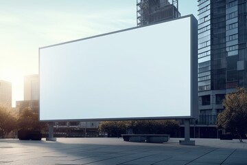 Obraz premium Empty white billboard for advertisement mockup in urban setting with skyscrapers and morning sunlight