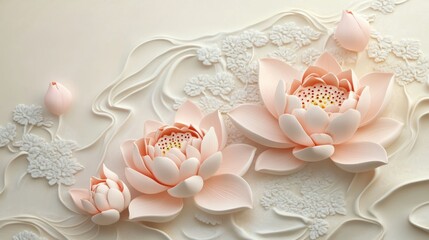 Peach lotus 3D wall art, floral background, interior design