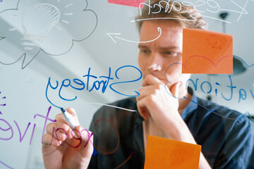 Professional caucasian businessman brainstorming marketing idea by using mind map and sticky notes on glass board at modern meeting room. Creative business and planing concept. Immaculate.