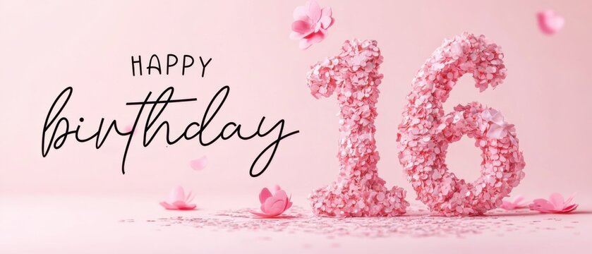 Happy 16th Birthday Floral Number Sixteen Pink Celebration - Powered by Adobe