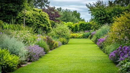Serene Garden Path: A Lush Tapestry of Blossoms and Greenery