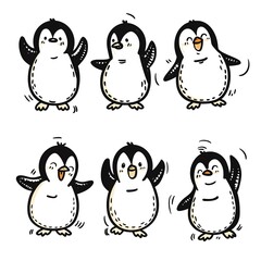 Naklejka premium Happy cartoon penguins dancing, white background, children's book illustration