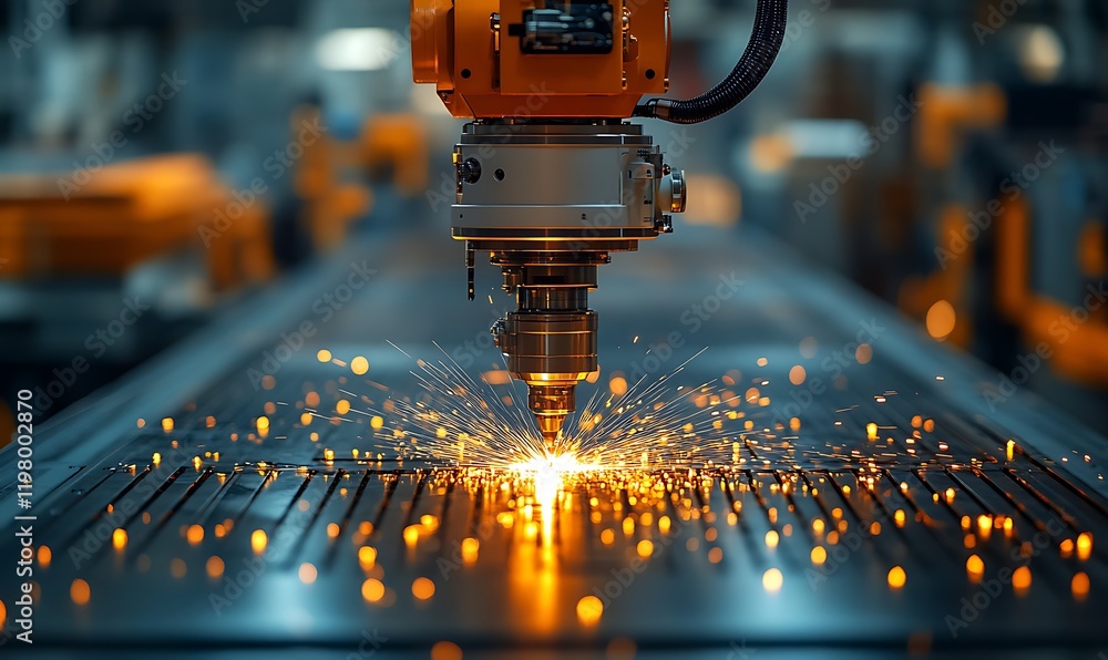 Poster precise robotic metalworking in modern factory setting
