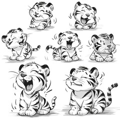 Playful Tiger Cubs Illustrations White Background, Cartoon Style, Children's Book