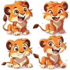 Adorable Lion Cub Poses, Cartoon Style, White Background, Print Design
