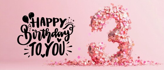 Naklejka premium Happy 3rd Birthday Pink Glitter Number Three with Confetti and Balloons