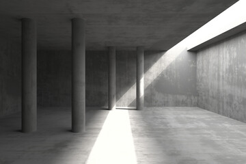 Minimalist architectural interior with concrete columns and sunlight streaming through. 3d render.