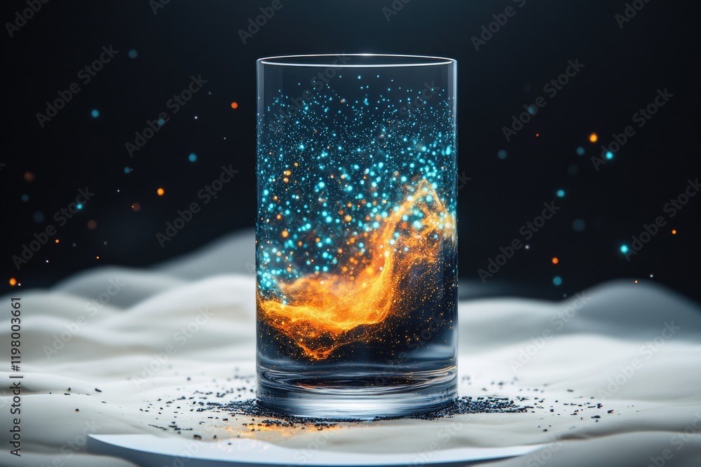 Poster glowing particles of teal and orange swirl within a glass, creating a mesmerizing cosmic scene.