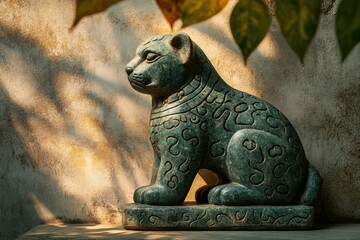 Intricate green jade cat statue, sits serenely, adorned with swirling patterns, bathed in sunlight.