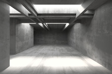 Modern industrial architecture with concrete interior and geometric structure. 3d render