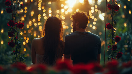 Romantic Couple Silhouette on Swing at Sunset with Bokeh Lights and Roses