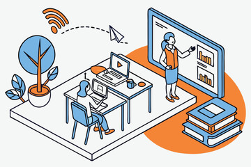 Online education, virtual classroom, students at desks, teacher on computer screen, digital learning, remote instruction, social distancing, e-learning environment, blue and orange color scheme, minim
