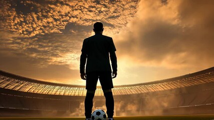 Silhouette of a soccer player standing with a ball under a dramatic sunset sky in a stadium - Powered by Adobe