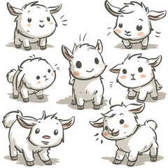 Obraz premium Adorable baby goats cartoon set, white background, playful poses, children's book illustration