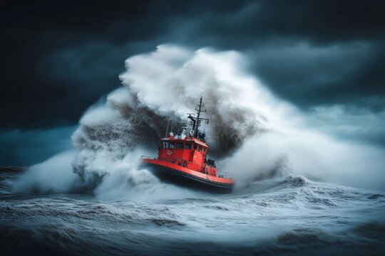 A dramatic view of a rogue wave towering over a ship at sea, with the vessel struggling against the force of nature