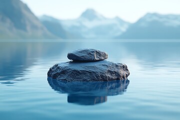 Serene Stacked Rocks on Calm Lake with Mountain Background