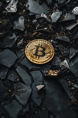 Bitcoin coin on broken black shards with dark background