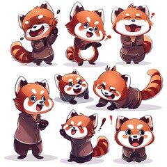 Adorable Red Panda Characters Posing, White Background, Cartoon Style, Digital Art, for Stickers