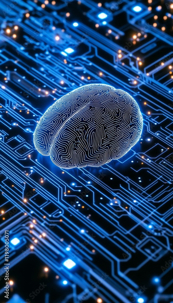Poster digital brain on circuit board, conceptual image of ai, machine learning, and neural networks.
