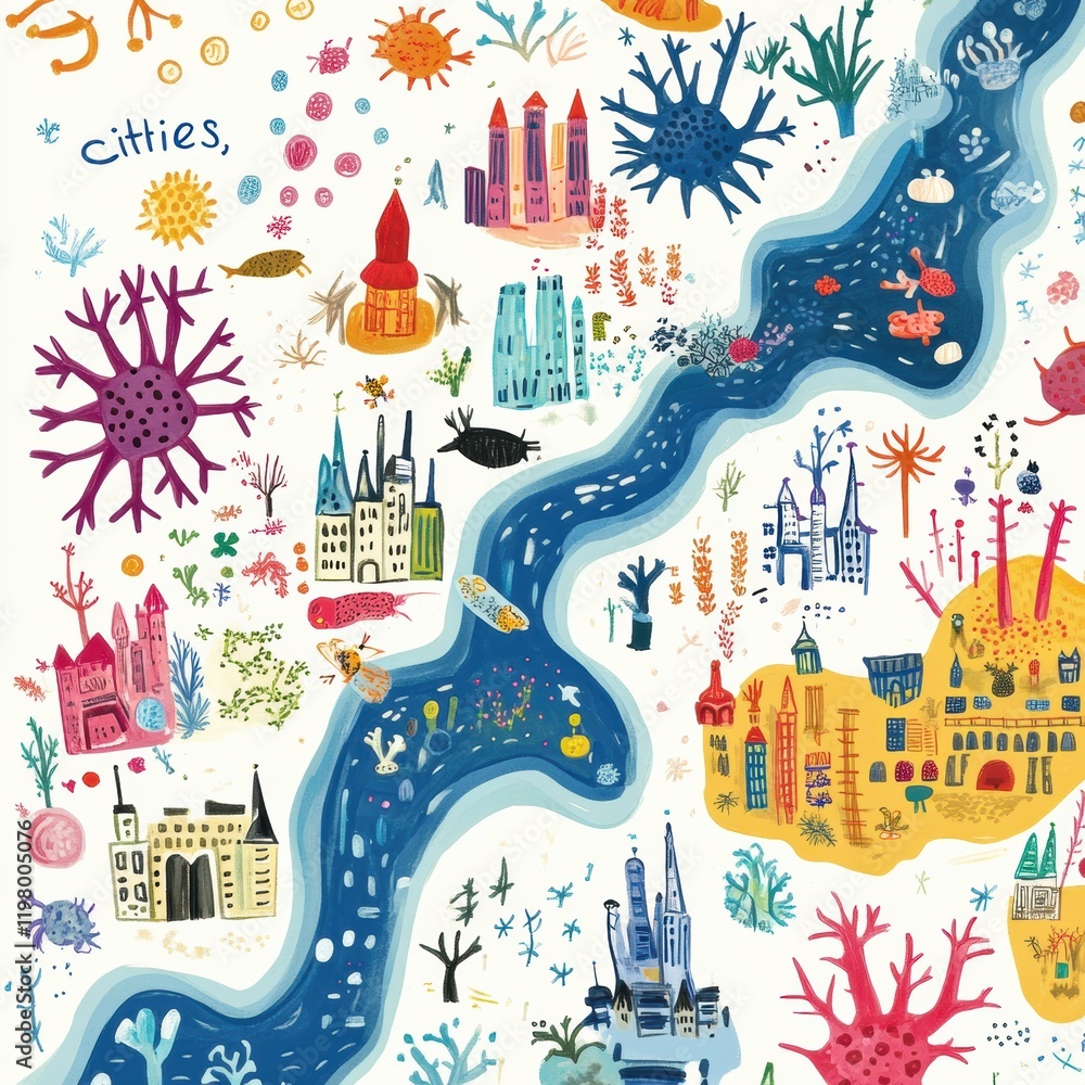Poster colorful playful map depicting bacteria colonies as vibrant cities along a winding river with imagin