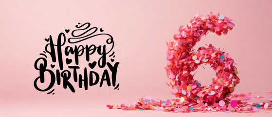 Naklejka premium Happy 6th Birthday Celebration: Pink Confetti Number Six with Festive Typography