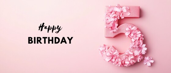 Naklejka premium Happy 5th Birthday Pink Floral Number Five Celebration Image