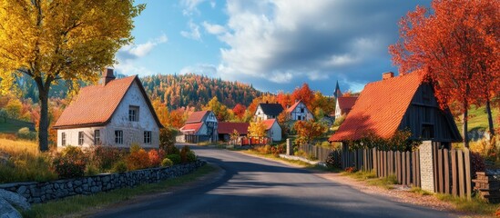Naklejka premium Charming Autumn Village in the Mountains
