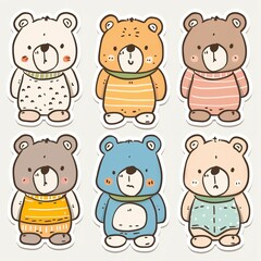 Fototapeta premium Adorable cartoon teddy bears collection; pastel colors, white background; ideal for kids' products