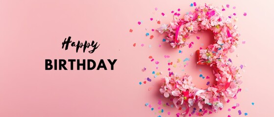 Obraz premium Festive Floral Number Three Birthday Card Design with Confetti