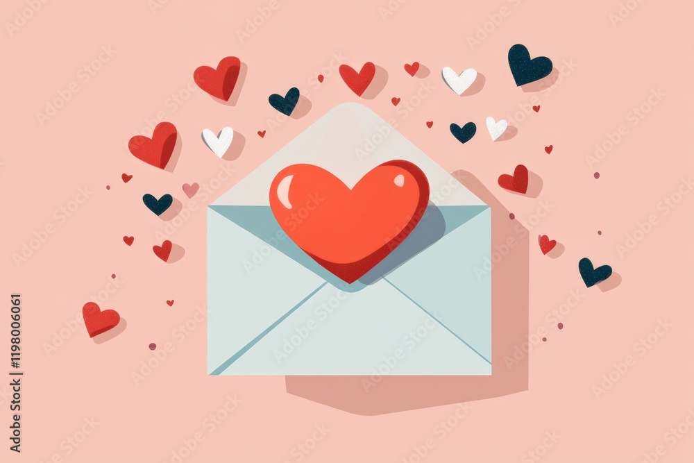 Poster a flat design of a valentine day envelope with a heart-shaped seal, rendered in soft, warm colors an