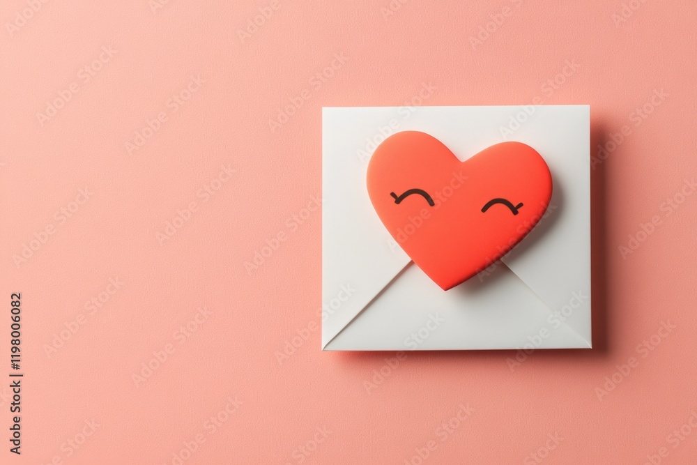 Poster A flat design of a Valentine Day envelope with a heart-shaped seal, rendered in soft, warm colors and sharp lines
