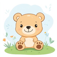 Obraz premium Cartoon bear sits on grass with flowers on a light blue background for children's illustrations