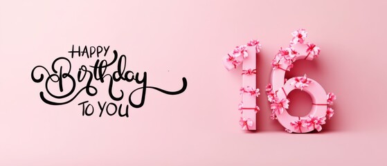 Happy 16th Birthday Floral Number Design Pink Background