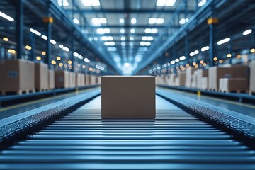 Cardboard box moving on automated conveyor belt through distribution warehouse, representing concepts such as shipping, logistics, and supply chain management