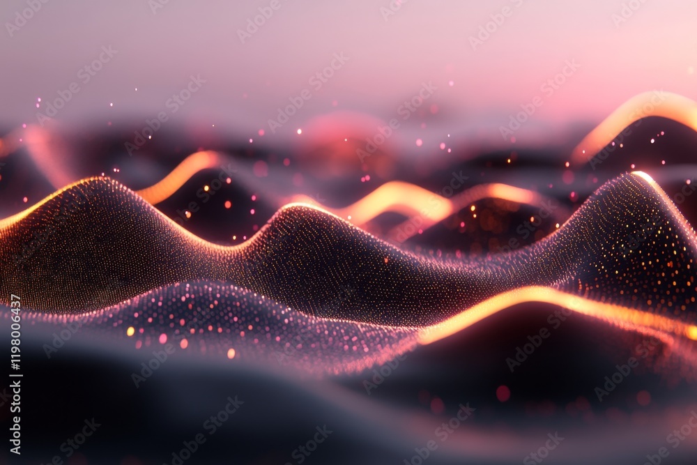 Poster a futuristic vision of glowing neon waves flowing seamlessly, with dynamic light trails and a digita
