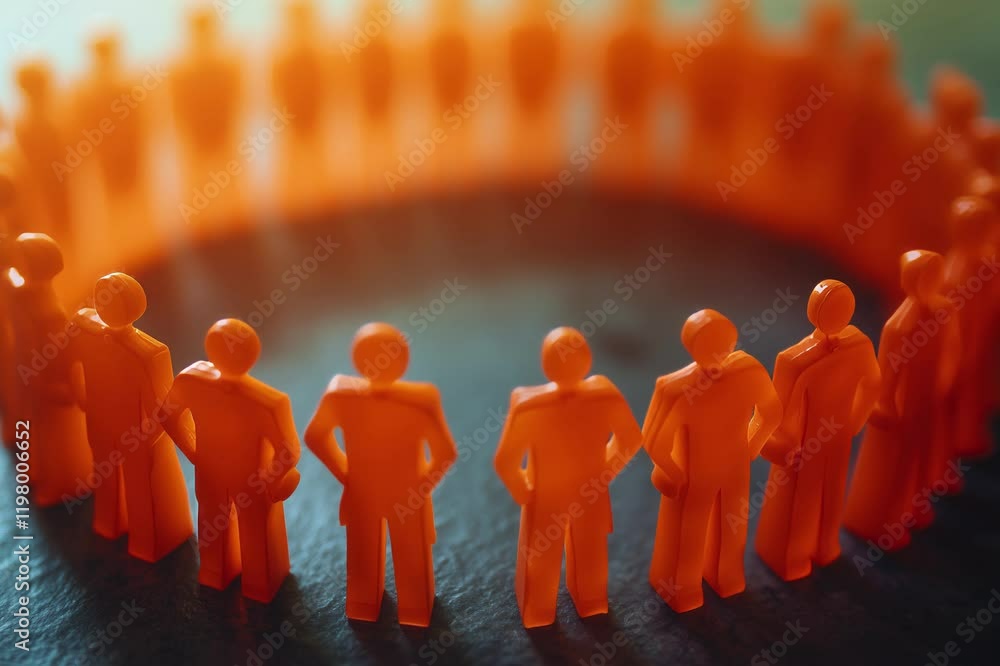 Poster cluster of orange human figures standing together in circle, symbolizing unity and teamwork. these v