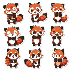 Adorable Red Panda Stickers Nine Poses, White Background, Cute Cartoon Style, Perfect for Kids' Products