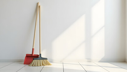 Broom and dustpan in modern home