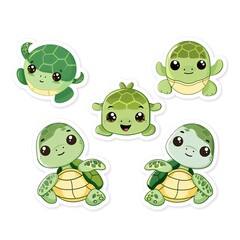 Adorable cartoon sea turtles stickers,  ocean background, crafting & kids decor